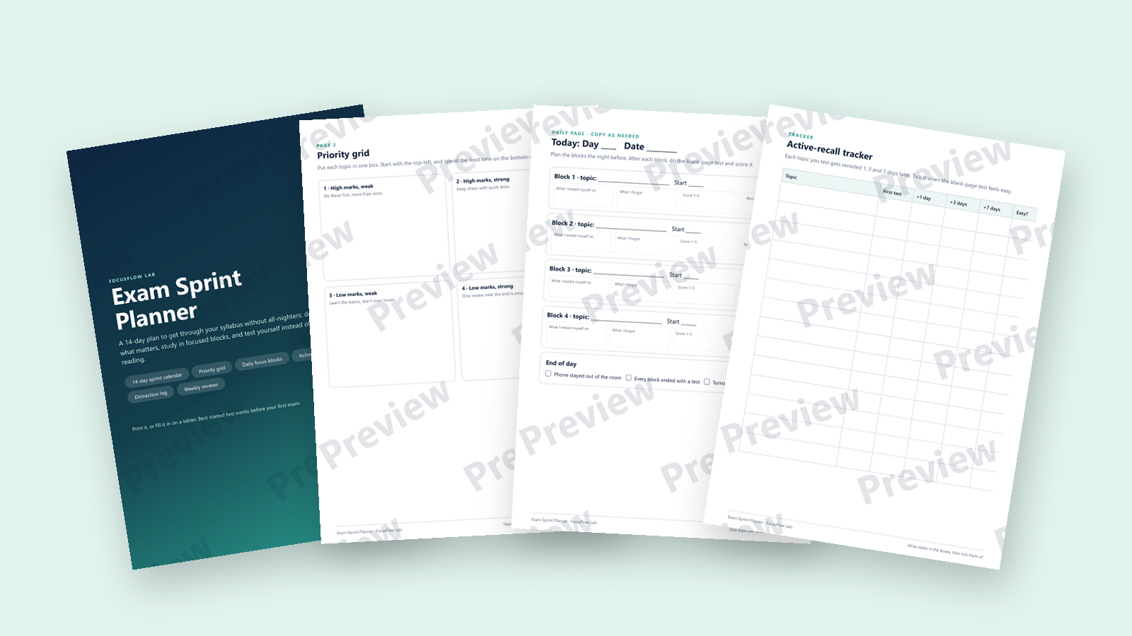 Exam Sprint Planner preview: cover, priority grid, daily focus page and active-recall tracker