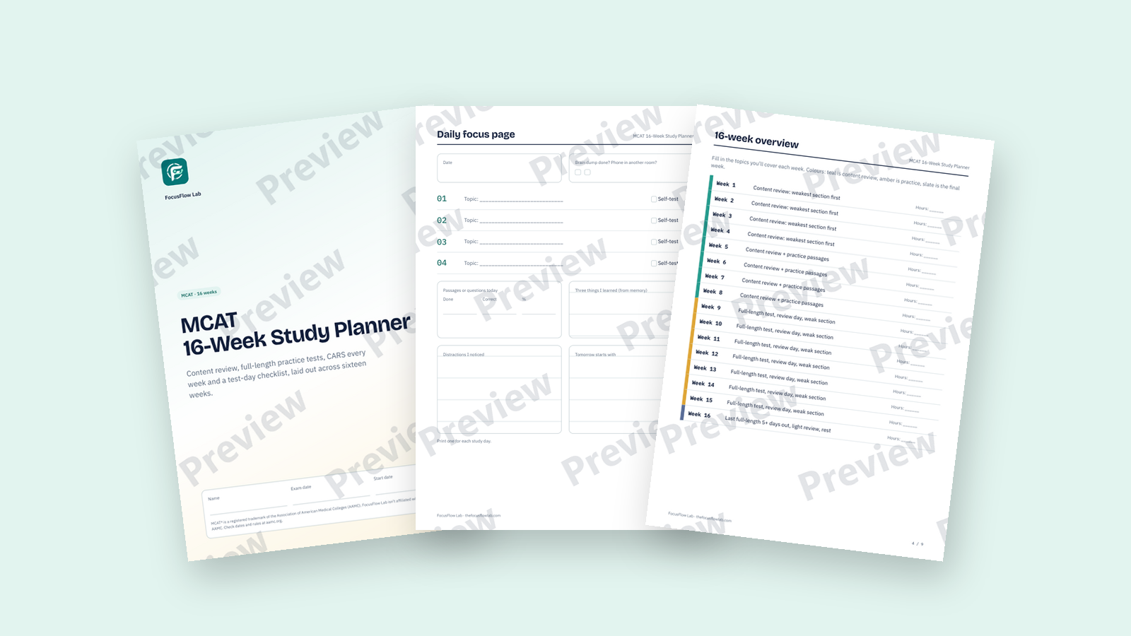 MCAT 16-Week Study Planner preview pages