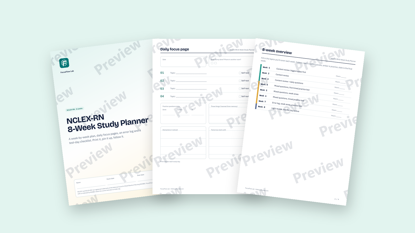NCLEX-RN 8-Week Study Planner preview pages